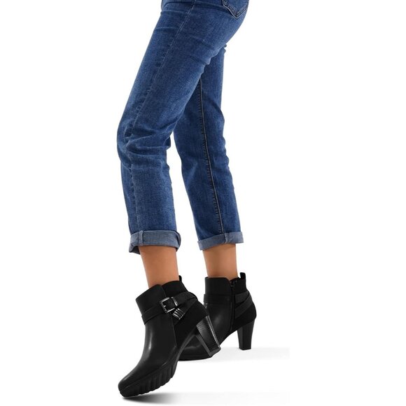 mysoft Women's Wide Width Ankle Boots Chunky Strap Buckle Booties with Zipper - Picture 2 of 7